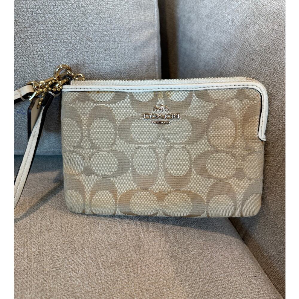 Coach Wristlet Women Beige Signature Canvas Leather Trim Zip Pouch